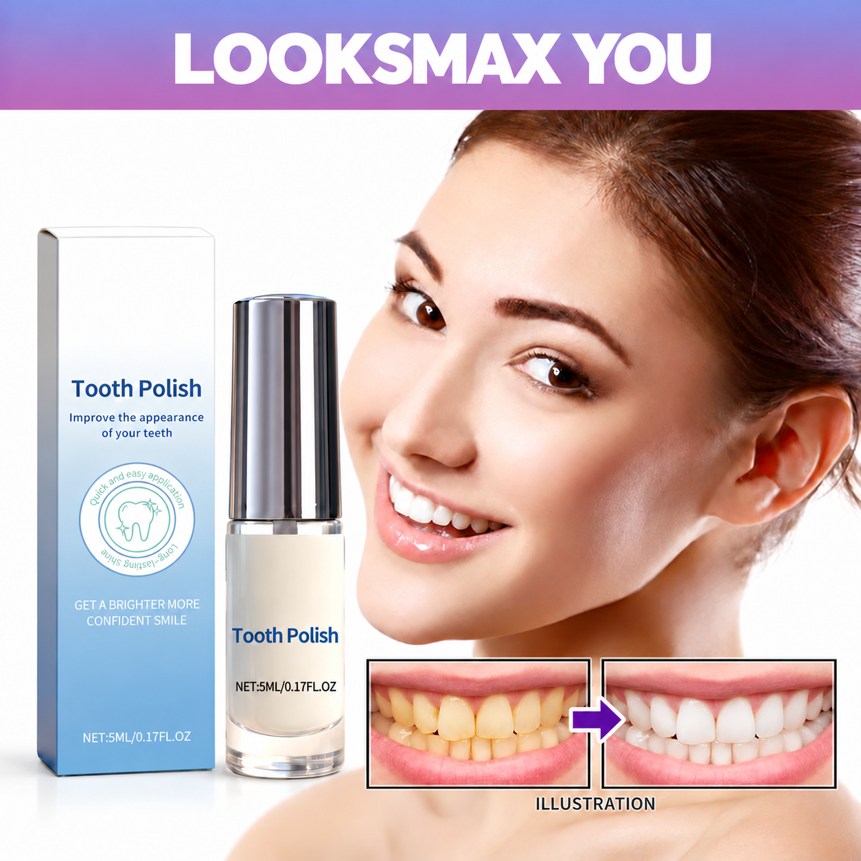 אישה מחייכת לצד מוצר Feimuko ומיתוג LOOKSMAX YOU, עם השוואת גוני שיניים להמחשה